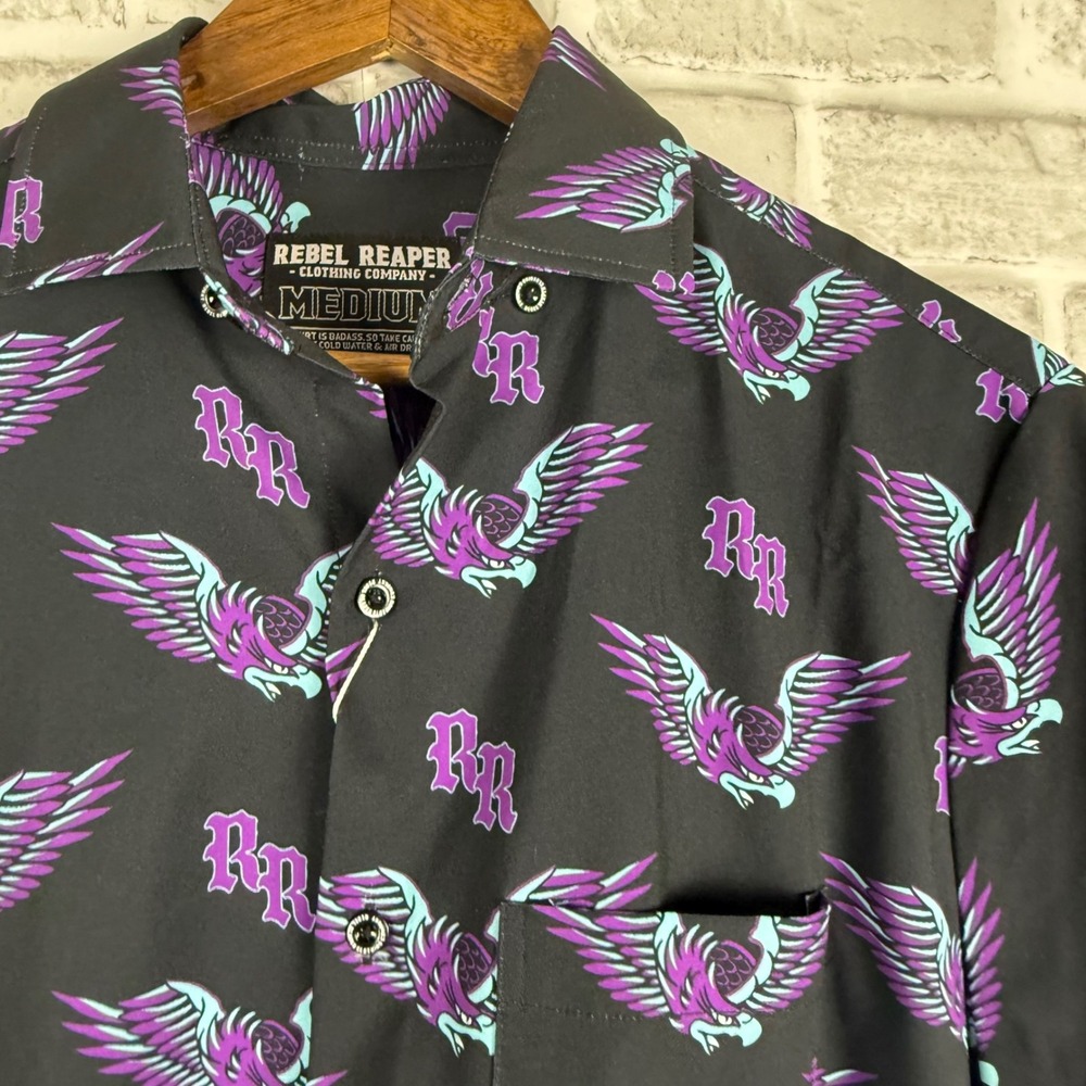 Rebel Reaper Mens Eagle Logo Button Shirt Black Purple Teal Medium Short Sleeve